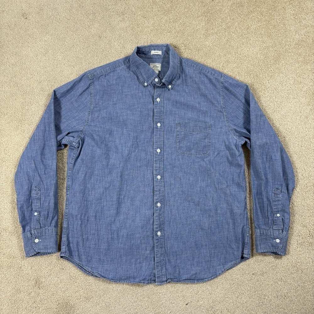 J.Crew Shirt Mens Large Blue Chambray Long Sleeve Button Up Pockets Casual